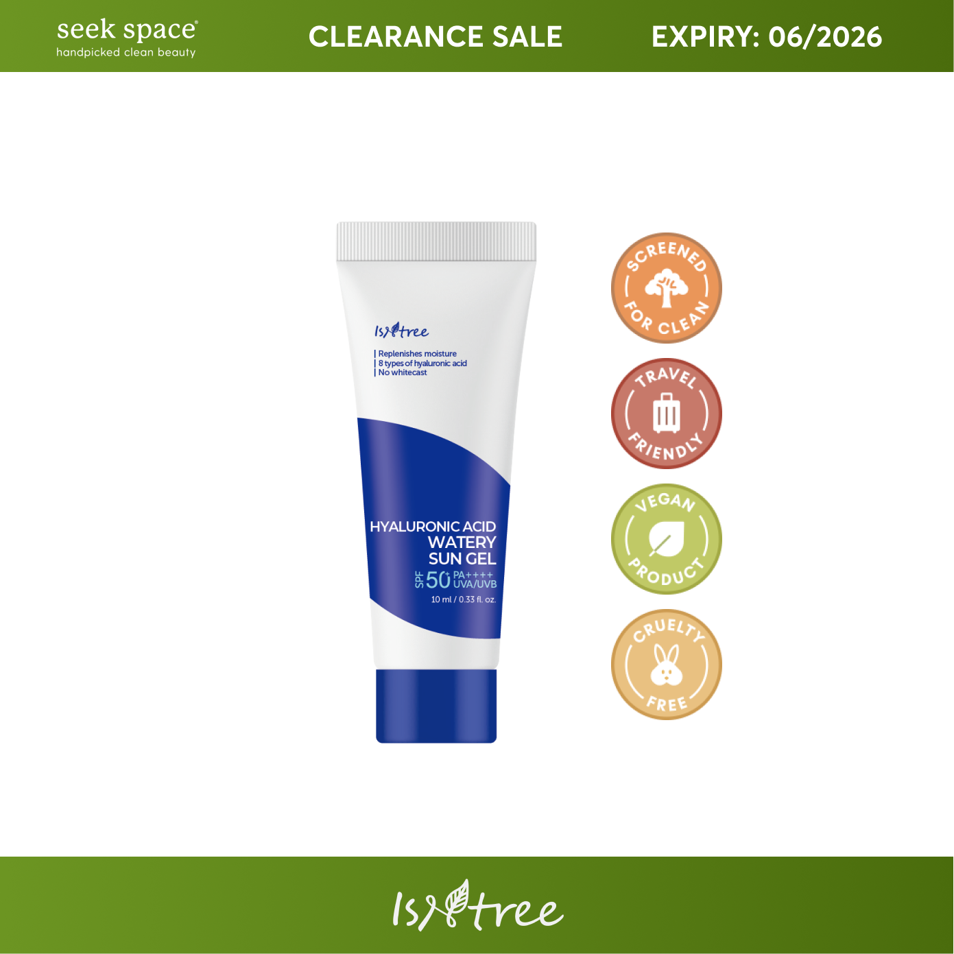CLEARANCE ISNTREE (MINI) Hyaluronic Acid Watery Sun Gel SPF 50+ PA++++ 10ml [EXP: 06/2026]
